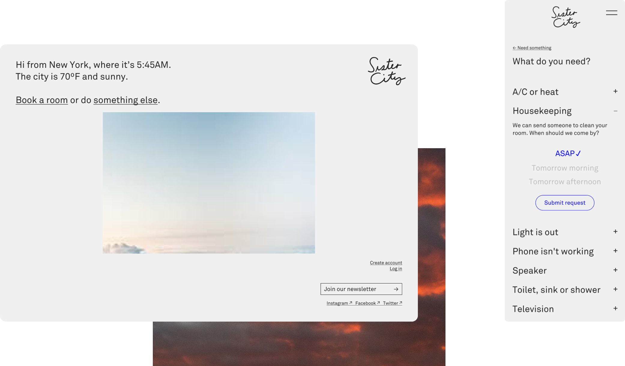 Screenshots of an interface allowing guests to book a room at and later interact with a hotel