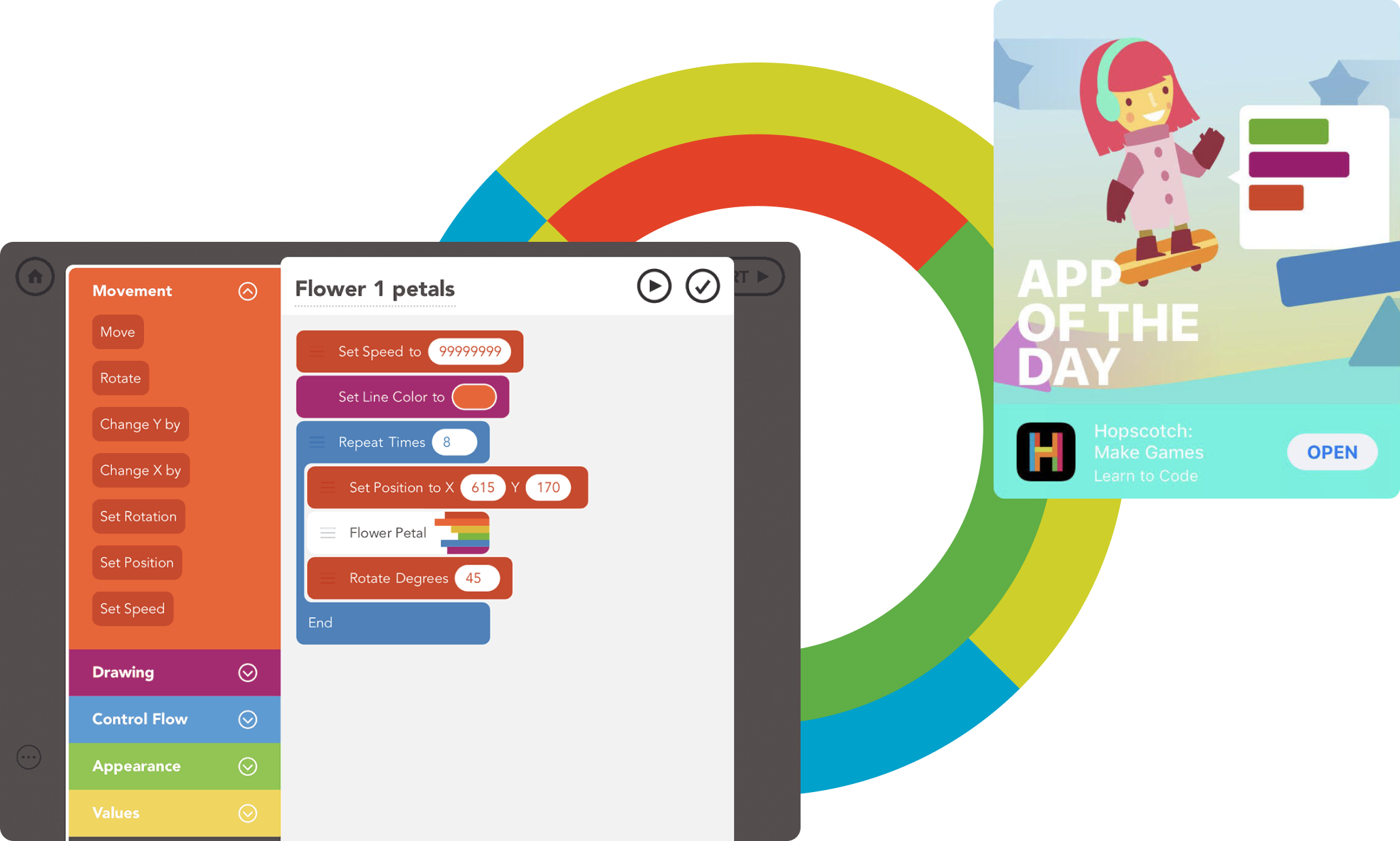 A screenshot of the Hopscotch app, and a Apple App Store 'App of the Day' badge