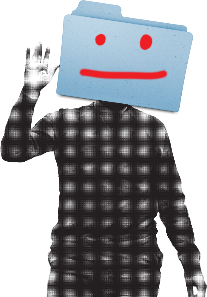 Halftone photograph of a figure waving. Superimposed on the face is a folder icon with a crude smiley face.
