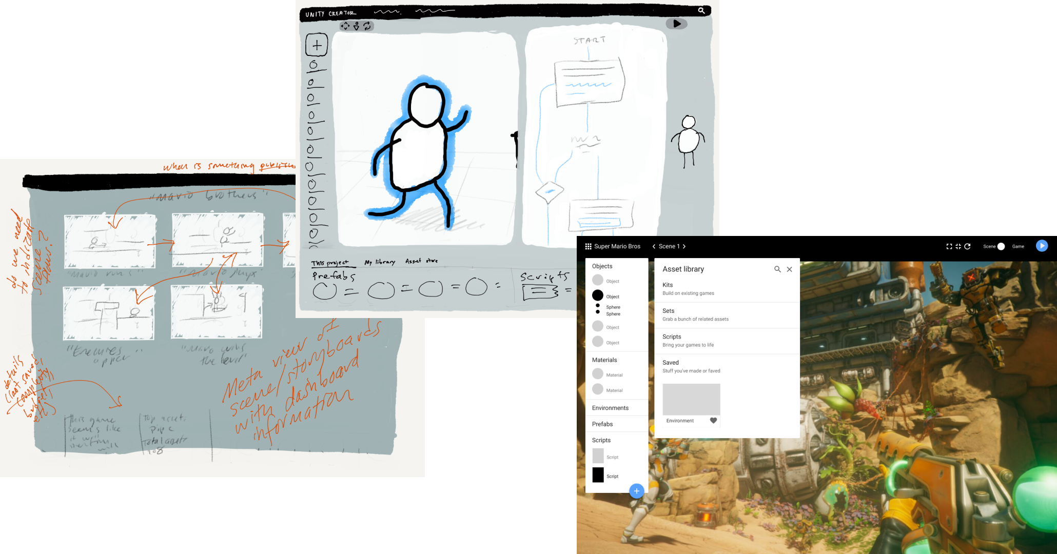 Three screenshots of work for Unity Technologies, showing the evolution of a product concept